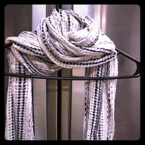 Scarf, white with woven gold, black, white, gray